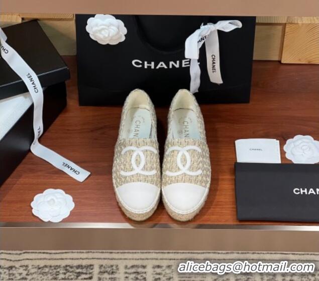 Good Quality Chanel Tweed & Lambskin Espadrilles Flat G29762 Beige/White 425025