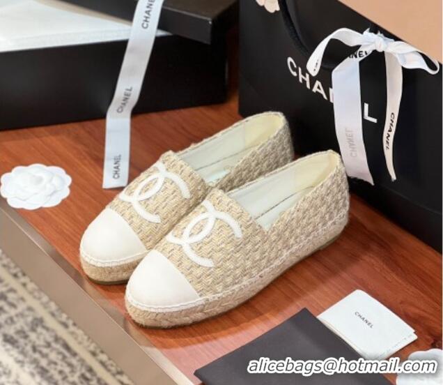 Good Quality Chanel Tweed & Lambskin Espadrilles Flat G29762 Beige/White 425025