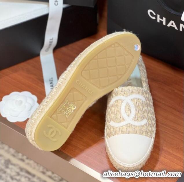 Good Quality Chanel Tweed & Lambskin Espadrilles Flat G29762 Beige/White 425025