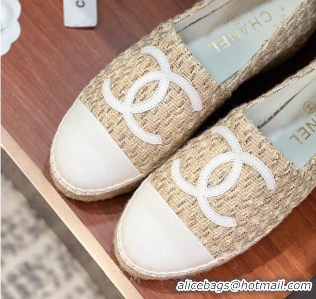 Good Quality Chanel Tweed & Lambskin Espadrilles Flat G29762 Beige/White 425025