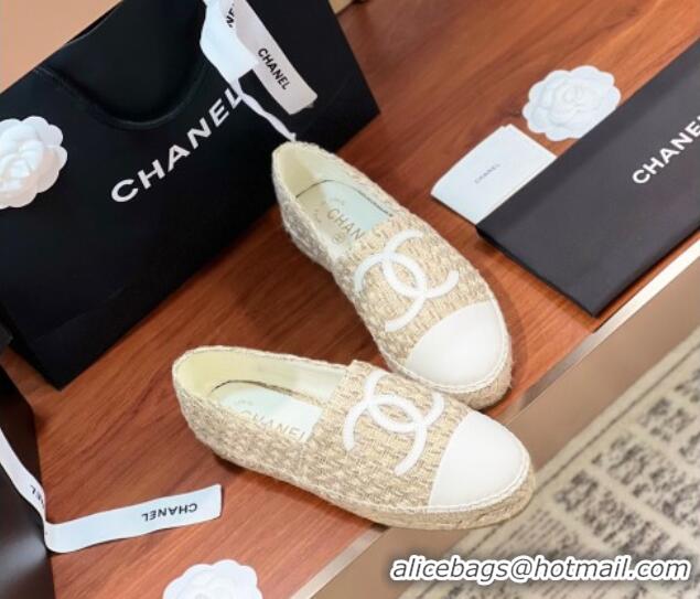 Good Quality Chanel Tweed & Lambskin Espadrilles Flat G29762 Beige/White 425025