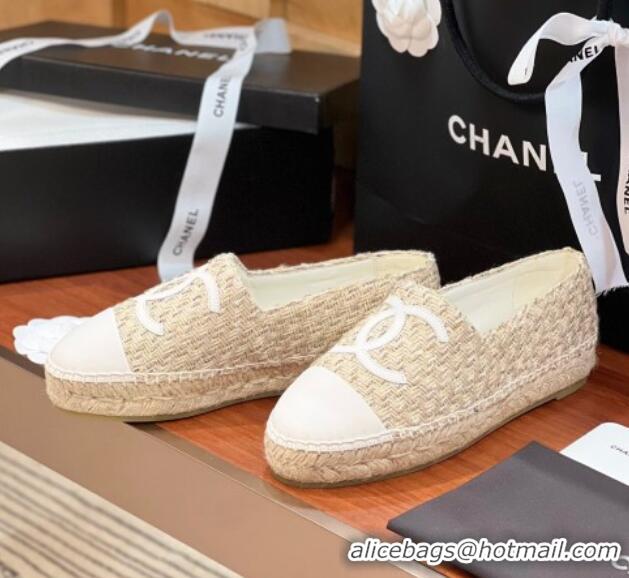 Good Quality Chanel Tweed & Lambskin Espadrilles Flat G29762 Beige/White 425025