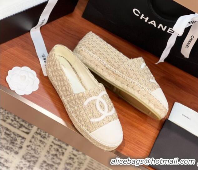 Good Quality Chanel Tweed & Lambskin Espadrilles Flat G29762 Beige/White 425025