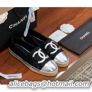 Best Grade Chanel Tweed & Lambskin Espadrilles Flat G29762 Black/Silver 425026