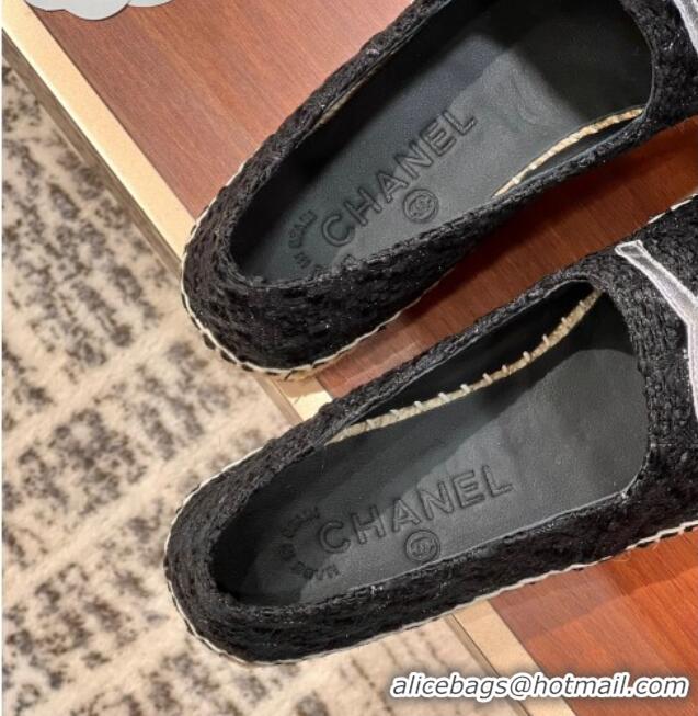 Best Grade Chanel Tweed & Lambskin Espadrilles Flat G29762 Black/Silver 425026