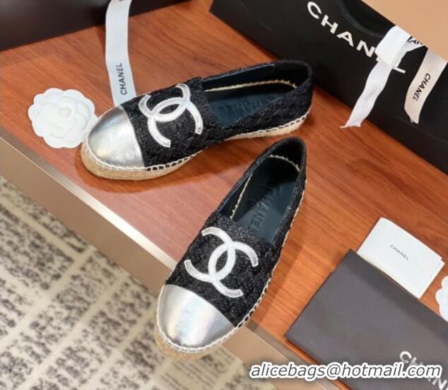 Best Grade Chanel Tweed & Lambskin Espadrilles Flat G29762 Black/Silver 425026