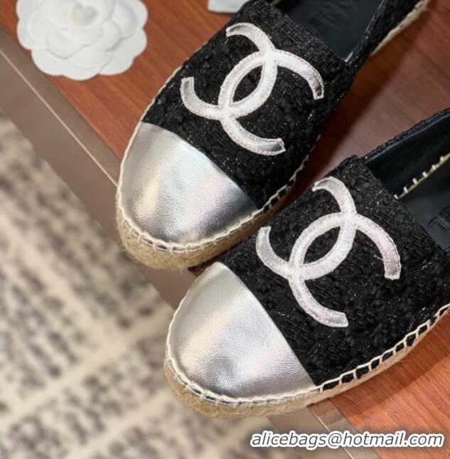 Best Grade Chanel Tweed & Lambskin Espadrilles Flat G29762 Black/Silver 425026