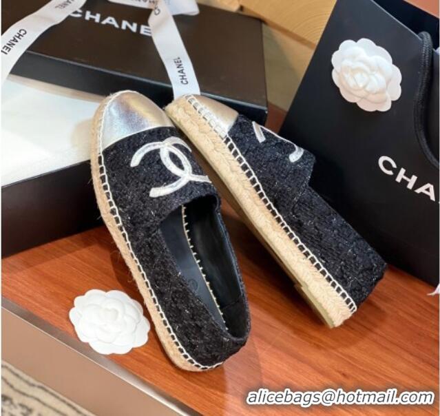 Best Grade Chanel Tweed & Lambskin Espadrilles Flat G29762 Black/Silver 425026