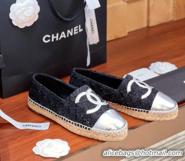 Best Grade Chanel Tweed & Lambskin Espadrilles Flat G29762 Black/Silver 425026