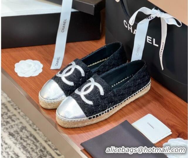 Best Grade Chanel Tweed & Lambskin Espadrilles Flat G29762 Black/Silver 425026