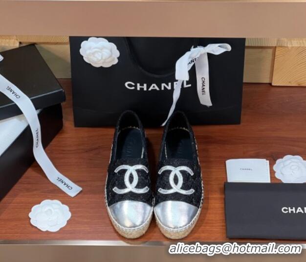 Best Grade Chanel Tweed & Lambskin Espadrilles Flat G29762 Black/Silver 425026