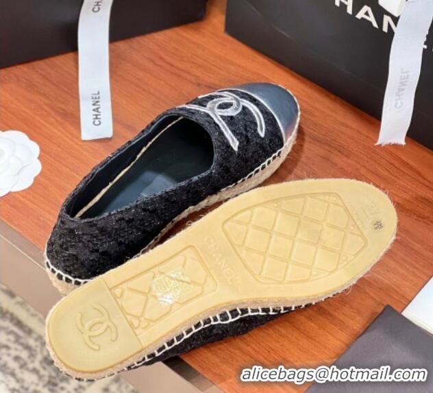 Best Grade Chanel Tweed & Lambskin Espadrilles Flat G29762 Black/Silver 425026