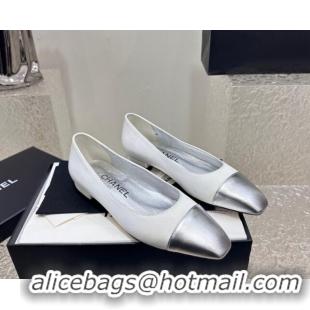 Good Looking Chanel Satin & Metallic Calfskin Ballet Flat White/Silver 425027