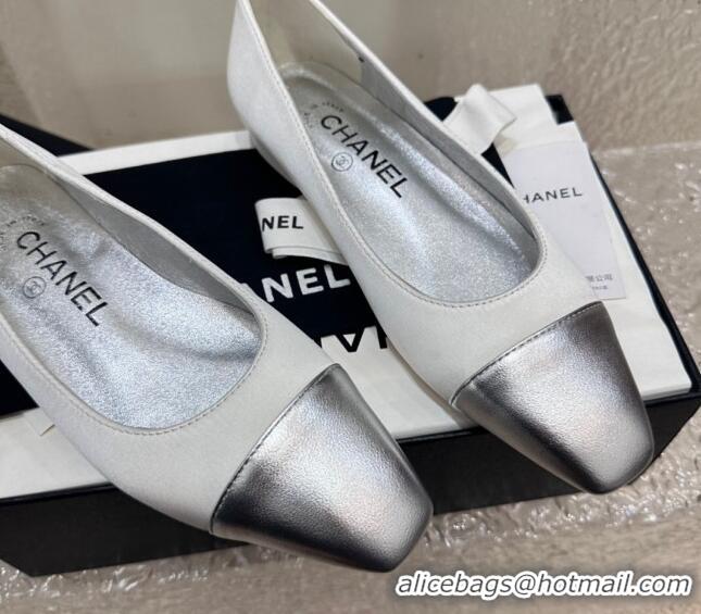 Good Looking Chanel Satin & Metallic Calfskin Ballet Flat White/Silver 425027