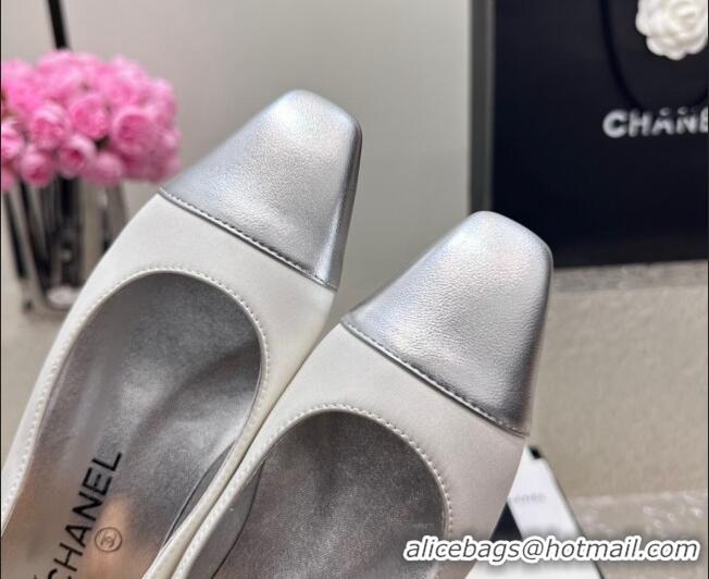 Good Looking Chanel Satin & Metallic Calfskin Ballet Flat White/Silver 425027