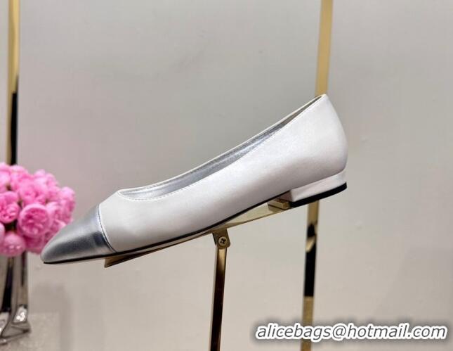 Good Looking Chanel Satin & Metallic Calfskin Ballet Flat White/Silver 425027