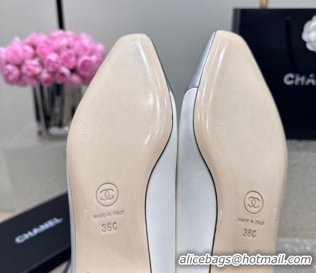 Good Looking Chanel Satin & Metallic Calfskin Ballet Flat White/Silver 425027