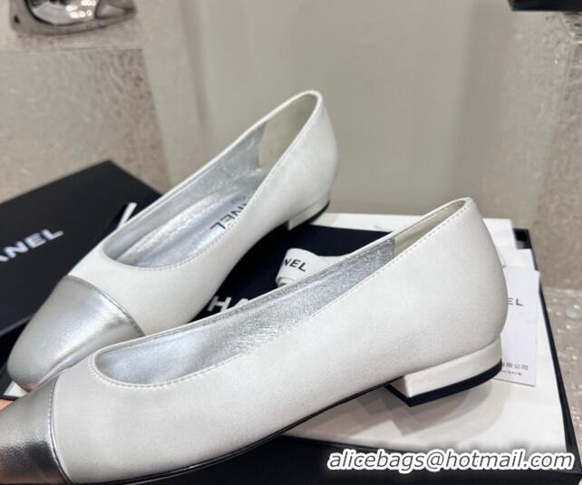 Good Looking Chanel Satin & Metallic Calfskin Ballet Flat White/Silver 425027