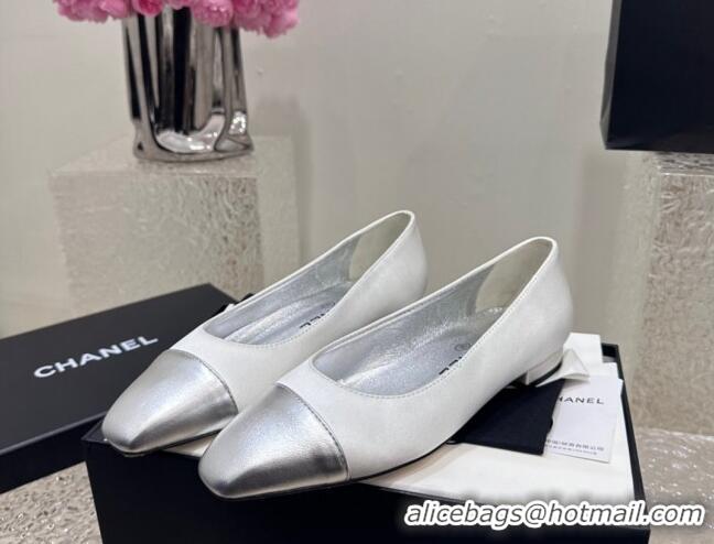 Good Looking Chanel Satin & Metallic Calfskin Ballet Flat White/Silver 425027