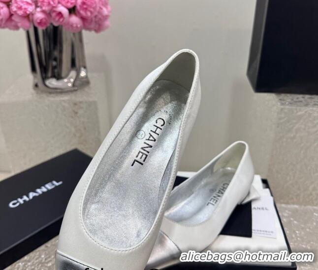 Good Looking Chanel Satin & Metallic Calfskin Ballet Flat White/Silver 425027