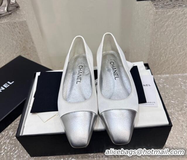 Good Looking Chanel Satin & Metallic Calfskin Ballet Flat White/Silver 425027