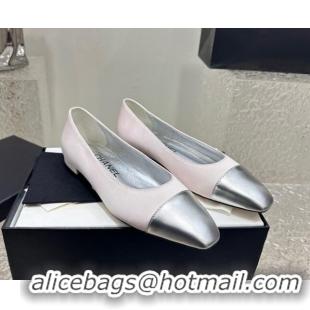 1:1 aaaaa Chanel Satin & Metallic Calfskin Ballet Flat Pale Pink/Silver 425029