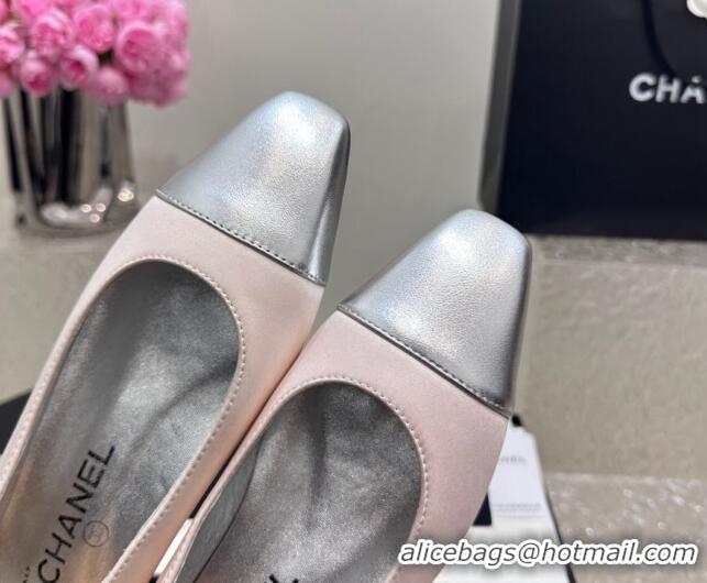 1:1 aaaaa Chanel Satin & Metallic Calfskin Ballet Flat Pale Pink/Silver 425029