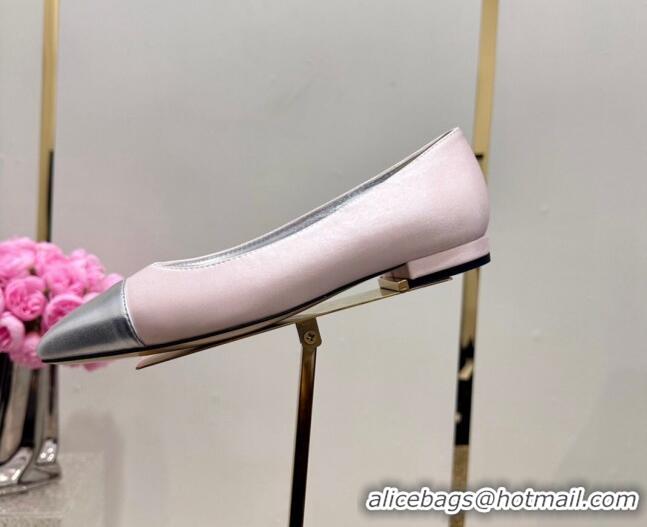 1:1 aaaaa Chanel Satin & Metallic Calfskin Ballet Flat Pale Pink/Silver 425029