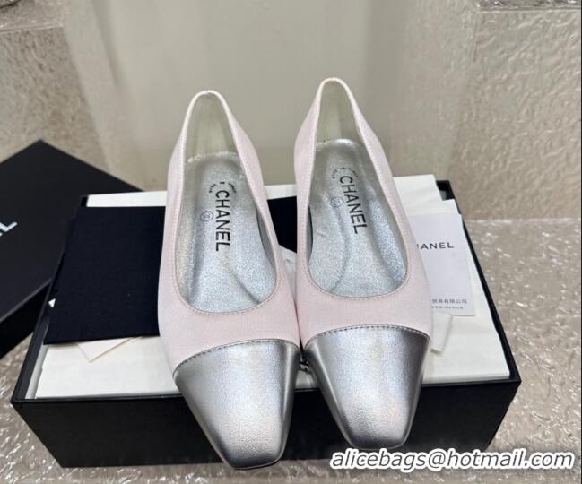 1:1 aaaaa Chanel Satin & Metallic Calfskin Ballet Flat Pale Pink/Silver 425029