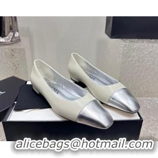 Trendy Design Chanel Lambskin & Metallic Calfskin Ballet Flat White/Silver 425030