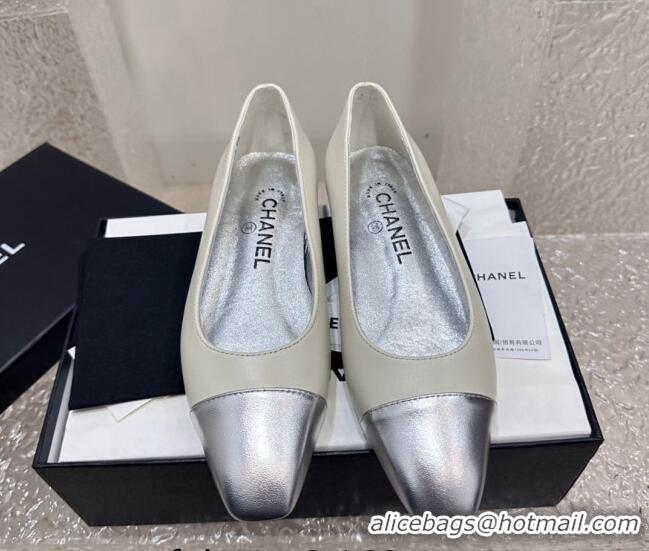 Trendy Design Chanel Lambskin & Metallic Calfskin Ballet Flat White/Silver 425030