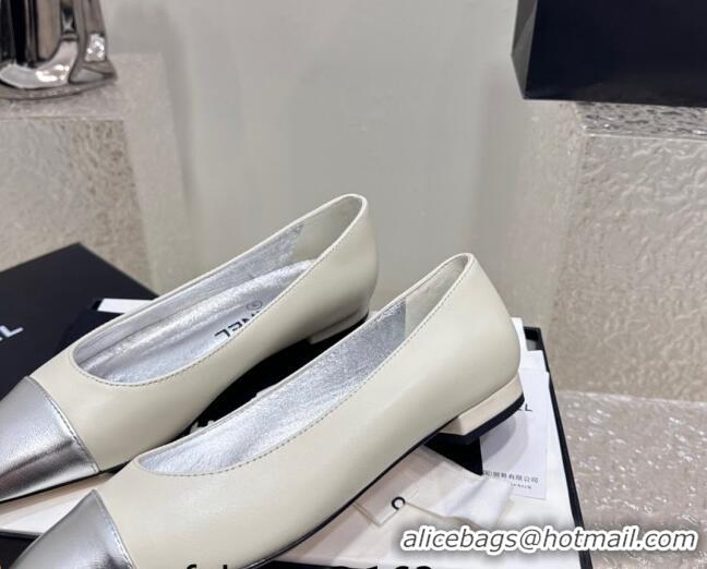 Trendy Design Chanel Lambskin & Metallic Calfskin Ballet Flat White/Silver 425030