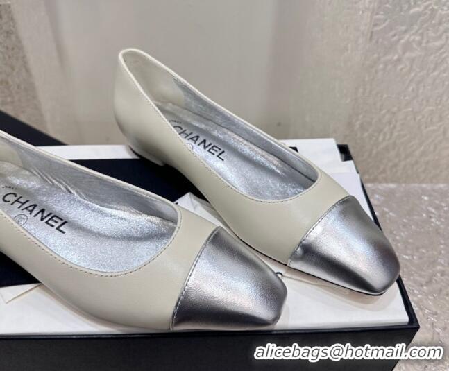 Trendy Design Chanel Lambskin & Metallic Calfskin Ballet Flat White/Silver 425030