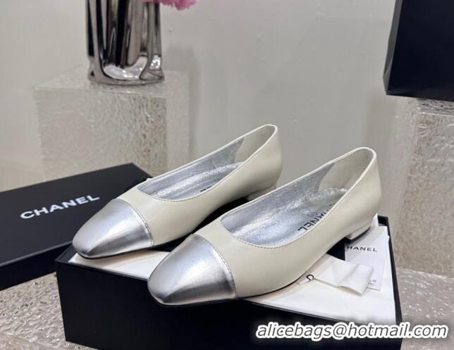 Trendy Design Chanel Lambskin & Metallic Calfskin Ballet Flat White/Silver 425030