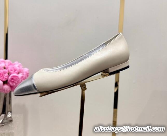 Trendy Design Chanel Lambskin & Metallic Calfskin Ballet Flat White/Silver 425030