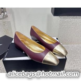 Stylish Chanel Lambskin & Metallic Calfskin Ballet Flat Burgundy/Gold 425031