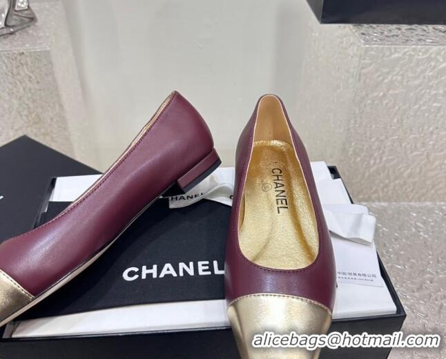 Stylish Chanel Lambskin & Metallic Calfskin Ballet Flat Burgundy/Gold 425031