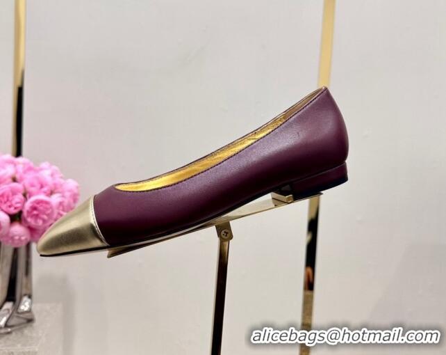 Stylish Chanel Lambskin & Metallic Calfskin Ballet Flat Burgundy/Gold 425031