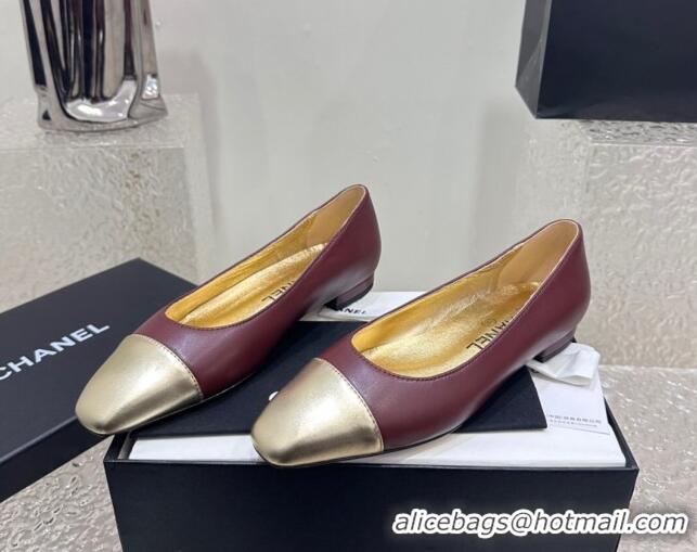 Stylish Chanel Lambskin & Metallic Calfskin Ballet Flat Burgundy/Gold 425031