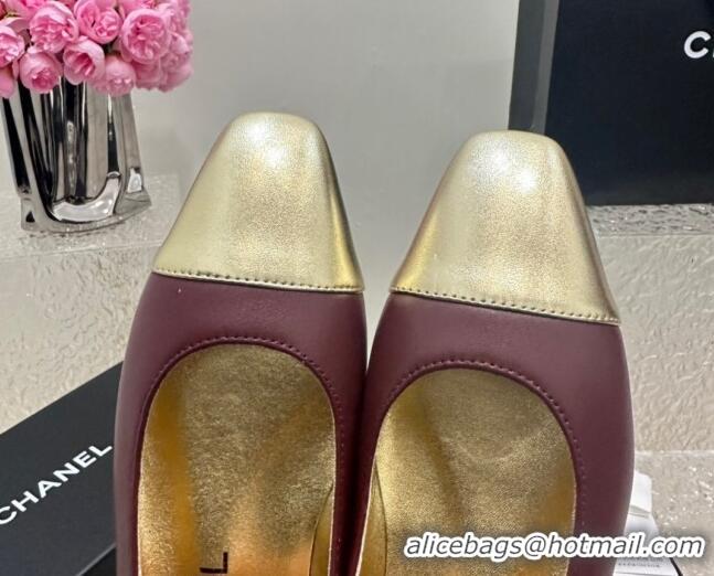 Stylish Chanel Lambskin & Metallic Calfskin Ballet Flat Burgundy/Gold 425031