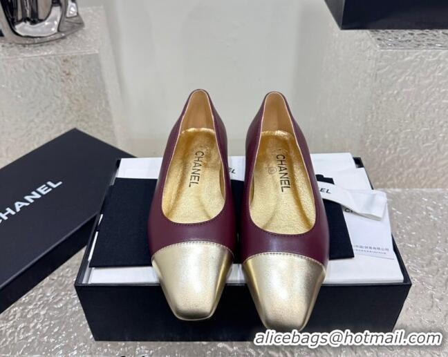 Stylish Chanel Lambskin & Metallic Calfskin Ballet Flat Burgundy/Gold 425031