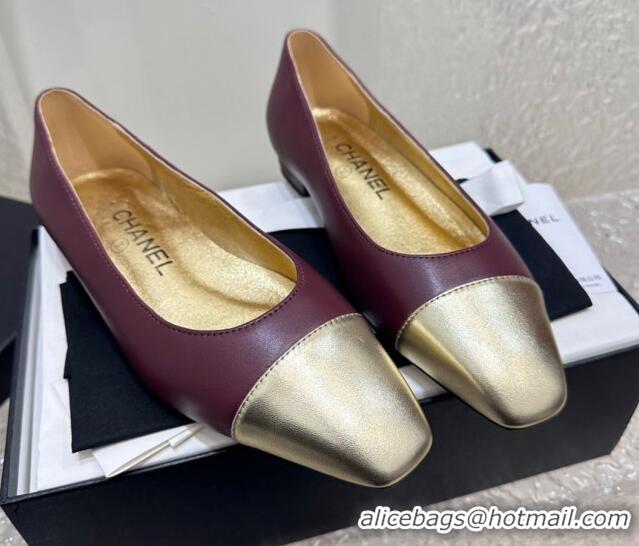 Stylish Chanel Lambskin & Metallic Calfskin Ballet Flat Burgundy/Gold 425031