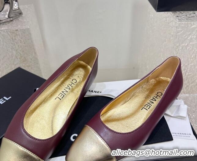 Stylish Chanel Lambskin & Metallic Calfskin Ballet Flat Burgundy/Gold 425031