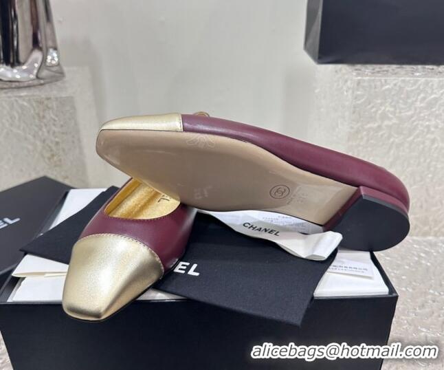 Stylish Chanel Lambskin & Metallic Calfskin Ballet Flat Burgundy/Gold 425031