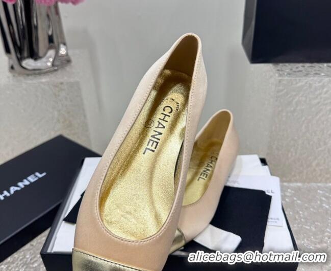 Sumptuous Chanel Satin & Metallic Calfskin Ballet Flat Beige/Gold 425034