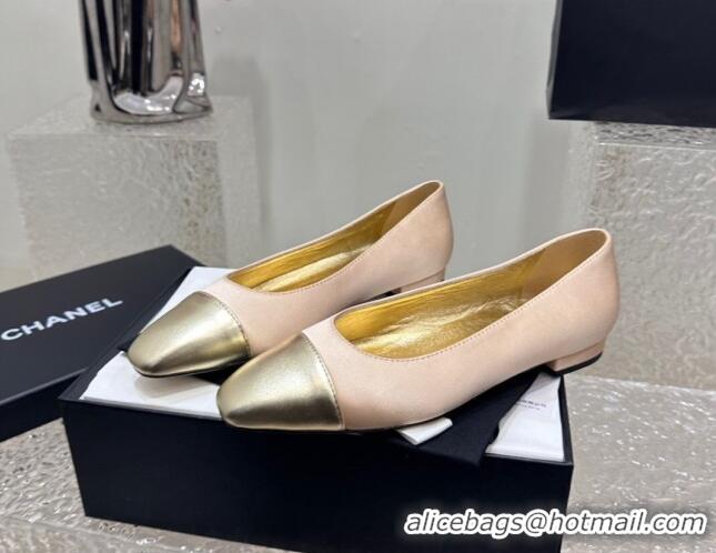 Sumptuous Chanel Satin & Metallic Calfskin Ballet Flat Beige/Gold 425034