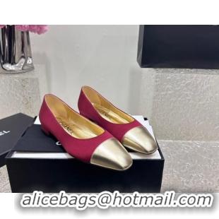 Stylish Chanel Satin & Metallic Calfskin Ballet Flat Red/Gold 425035