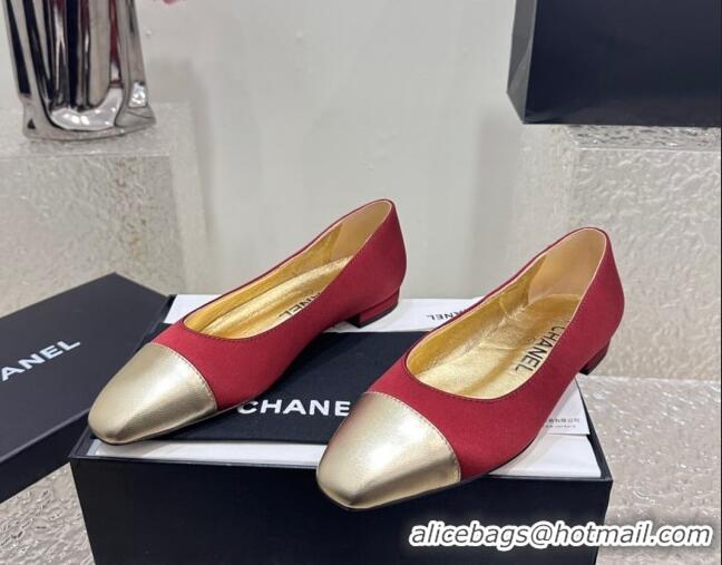 Stylish Chanel Satin & Metallic Calfskin Ballet Flat Red/Gold 425035