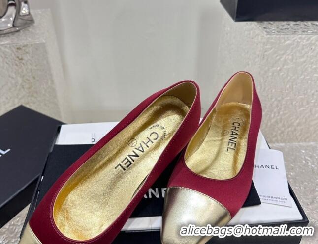 Stylish Chanel Satin & Metallic Calfskin Ballet Flat Red/Gold 425035