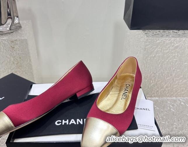 Stylish Chanel Satin & Metallic Calfskin Ballet Flat Red/Gold 425035